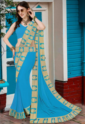 FabDaisy Printed Banarasi Lycra Blend Saree(Light Blue)