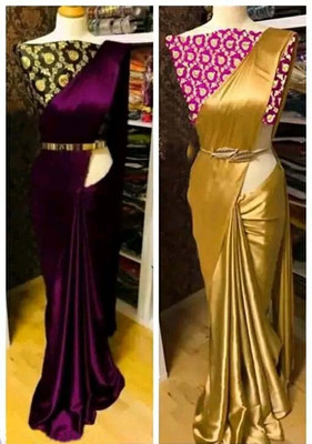 Aruna Sarees Solid/Plain Bollywood Satin Saree(Pack of 2, Purple, Gold)