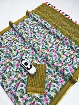 ZARISTACREATION Floral Print Bollywood Dupion Silk Saree(Green)