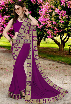 Chhavi Fashion Solid/Plain Banarasi Chiffon Saree  (Purple) For Rs. 249 @ 83 %