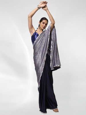 Kalista Embellished, Solid/Plain Bollywood Lycra Blend, Chiffon Saree(Dark Blue)