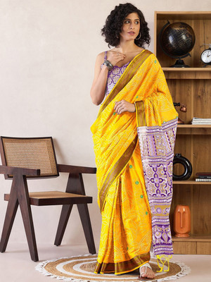 Anouk Rustic Printed Pre Draped Saree Cotton Blend Saree(Yellow)