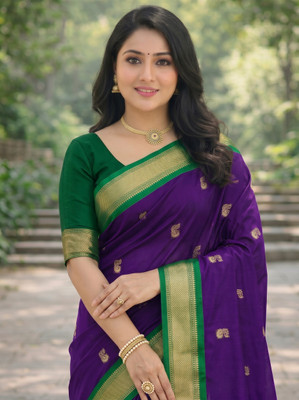 NST5 Printed Daily Wear Cotton Silk Saree(Dark Green, Purple)