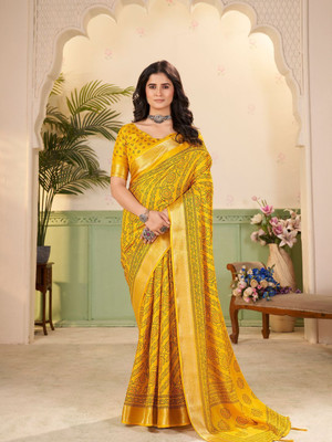 J6 Designers Embroidered Bandhani Art Silk Saree(Yellow)