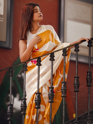 Ethnic Junction Printed Bollywood Silk Blend Saree(Yellow)