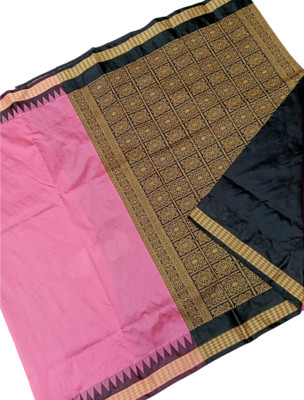 Hozaifa Sarees Temple Border, Solid/Plain Sambalpuri Art Silk Saree(Pink, Black)