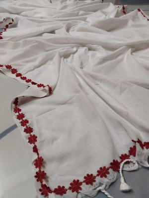 TWRIL Solid/Plain, Embroidered Handloom Cotton Blend Saree(White)