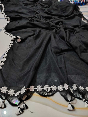 DHRITIS Solid/Plain Handloom Cotton Blend Saree(Black)