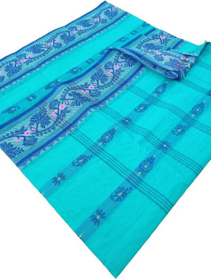 KhayaFashion Woven Tant Pure Cotton Saree(Light Blue)
