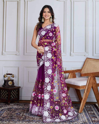 Verviza Embroidered Bollywood Net Saree(Purple)