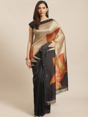 VCREATION Printed Assam Silk Art Silk Saree(Black)