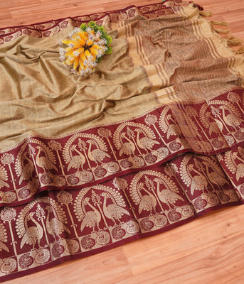 Madhav Creation Woven Banarasi Art Silk Saree(Beige)