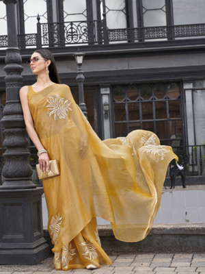 Tikhi Imli Embroidered Saree with Attached Blouse Chiffon Saree(Yellow)