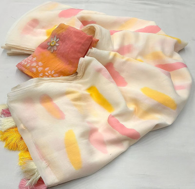 Drujha Printed Daily Wear Cotton Linen Saree(Cream)