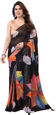 ROOP SUNDARI SAREES Floral Print Daily Wear Georgette Saree(Black, Multicolor)