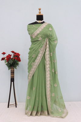 Dk Trendz Embroidered Bollywood Organza Saree(Light Green)