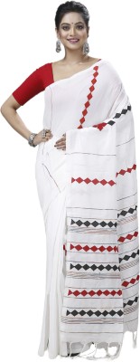 SUBHO SAREE CENTRE Woven, Striped Handloom Pure Cotton Saree(White)