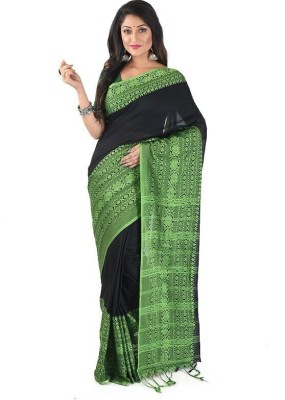 chhanda handloom sarees Striped Handloom Handloom Cotton Blend Saree(Green, Black)