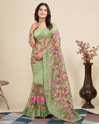Vinayak Textile Embroidered Bollywood Net Saree(Green)