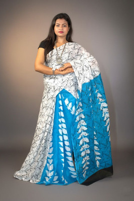 PriorityPoint Printed Daily Wear Pure Cotton Saree(White, Blue)