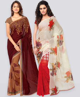 Anand Sarees Printed Daily Wear Georgette Saree(Pack of 2, Maroon, Cream)