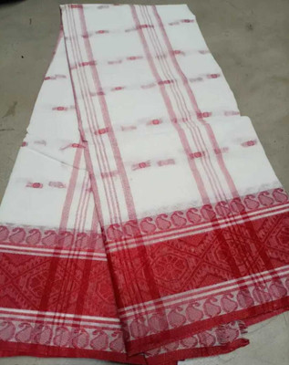 PUJA SHAREE CENTRE Striped, Woven, Paisley, Geometric Print Tant Pure Cotton Saree(White)