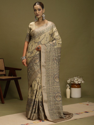 Tasrika Printed Hand Batik Satin, Silk Blend Saree(Beige)