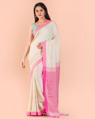 angoshobha Woven Handloom Pure Cotton Saree(Cream)