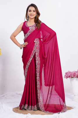 PEEYU Embellished Ready to Wear Satin, Chiffon Saree(Pink)