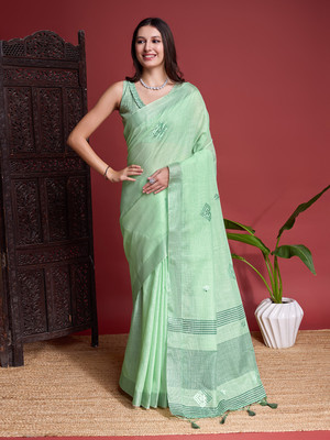 100 DREAMS Woven Handloom Linen Saree(Light Green)