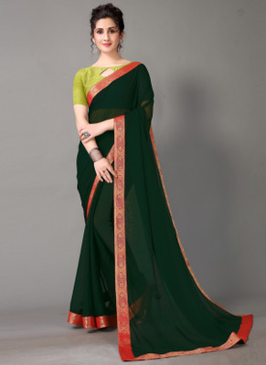 Saanjh Solid/Plain Saree with Attached Blouse Chiffon Saree(Green)