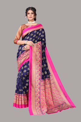 Priyashi Floral Print Mysore Art Silk Saree(Dark Blue)
