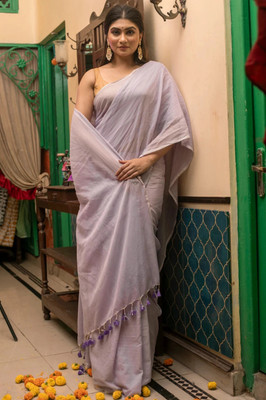 ROOTS Solid/Plain Handloom Pure Cotton Saree(Purple)
