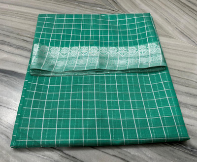 SareeKaart Checkered Chanderi Cotton Blend Saree(Green)