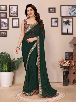 ROOP SUNDARI SAREES Solid/Plain Daily Wear Georgette Saree(Dark Green)
