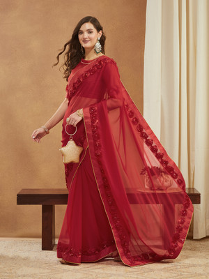 Tasrika Solid/Plain Bollywood Georgette Saree(Red)