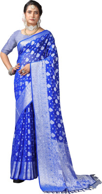 Virendra Textiles Woven Banarasi Silk Blend Saree(Blue)