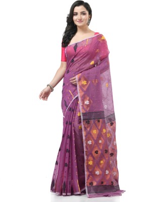 TANTLOOM Floral Print Jamdani Handloom Pure Cotton Saree(Purple)