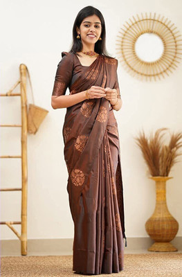 Pdfabrics Self Design Bollywood Jacquard Saree(Brown)