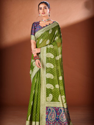 KARAGIRI Printed Kota Doria Cotton Blend Saree(Green)