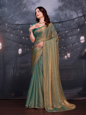 Kanooda Prints Solid/Plain Bollywood Chiffon Saree(Green)