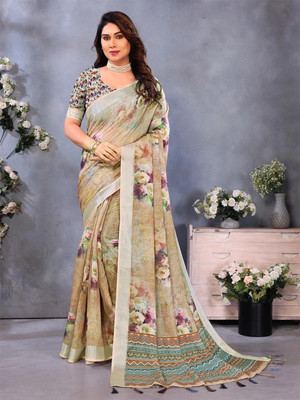 Falessa Digital Print Bollywood Linen Saree(Cream)
