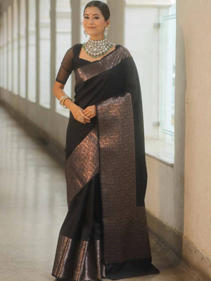 VK Enterprise Woven Banarasi Silk Blend Saree(Black)