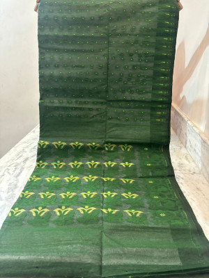 SMRITI HANDLOOM Printed Jamdani Handloom Cotton Blend Saree(Dark Green)