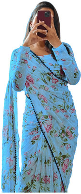 Sidhidata Floral Print Bollywood Georgette Saree(Light Blue)