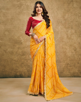 Satrani Printed, Embellished Bollywood Chiffon, Georgette Saree(Yellow)