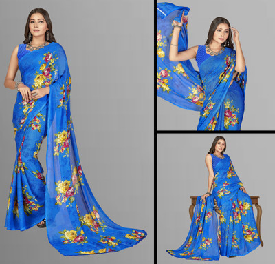 Anand Sarees Floral Print Daily Wear Georgette Saree(Blue)
