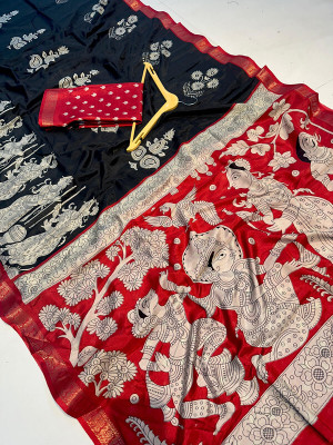 NavinyaVastra Printed Kalamkari Pure Silk Saree(Red)