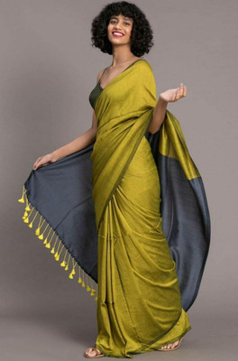 BeyondRetro Solid/Plain Daily Wear Handloom Cotton Blend Saree(Yellow)
