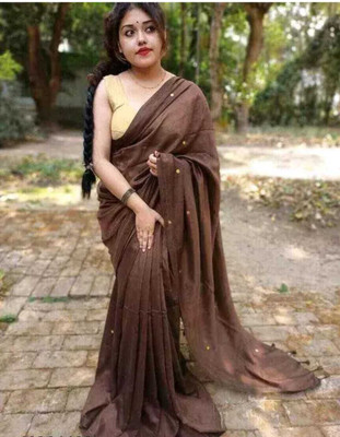 Tantikatha Solid/Plain Handloom Cotton Blend Saree(Brown)